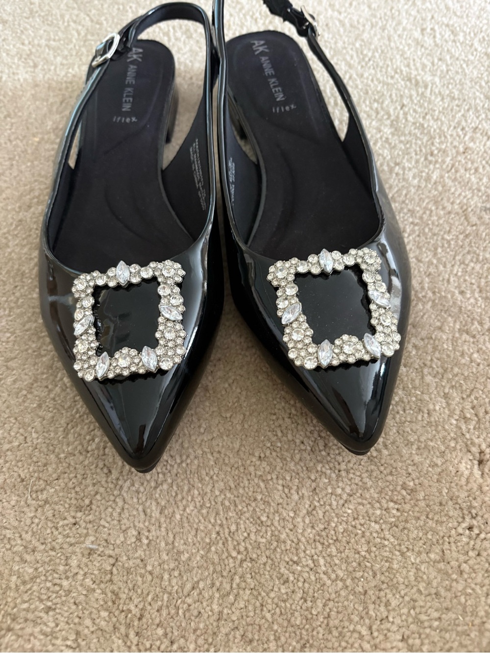 Anne Klein Black Patent Pointed Slingback Flats with Rhinestone Buckle